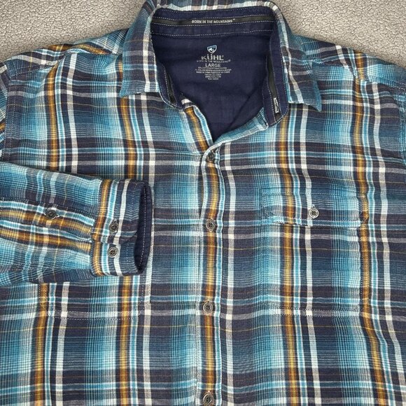 KUHL Shirt Mens Large Blue Plaid Button Up Long Sleeve Outdoor Metal Buttons - Picture 1 of 13